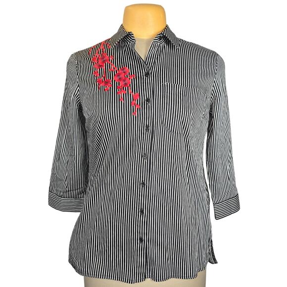 7th Avenue Design Studio NY&Co Womens Medium Shirt Embroidered Floral Striped - Picture 1 of 12
